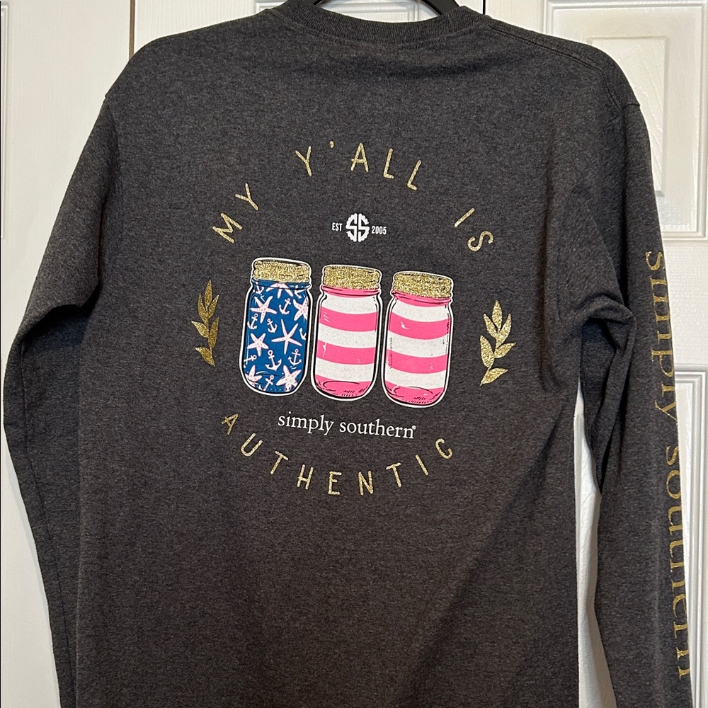 Simply Southern Dark Gray Top with Pink and Gold Jars